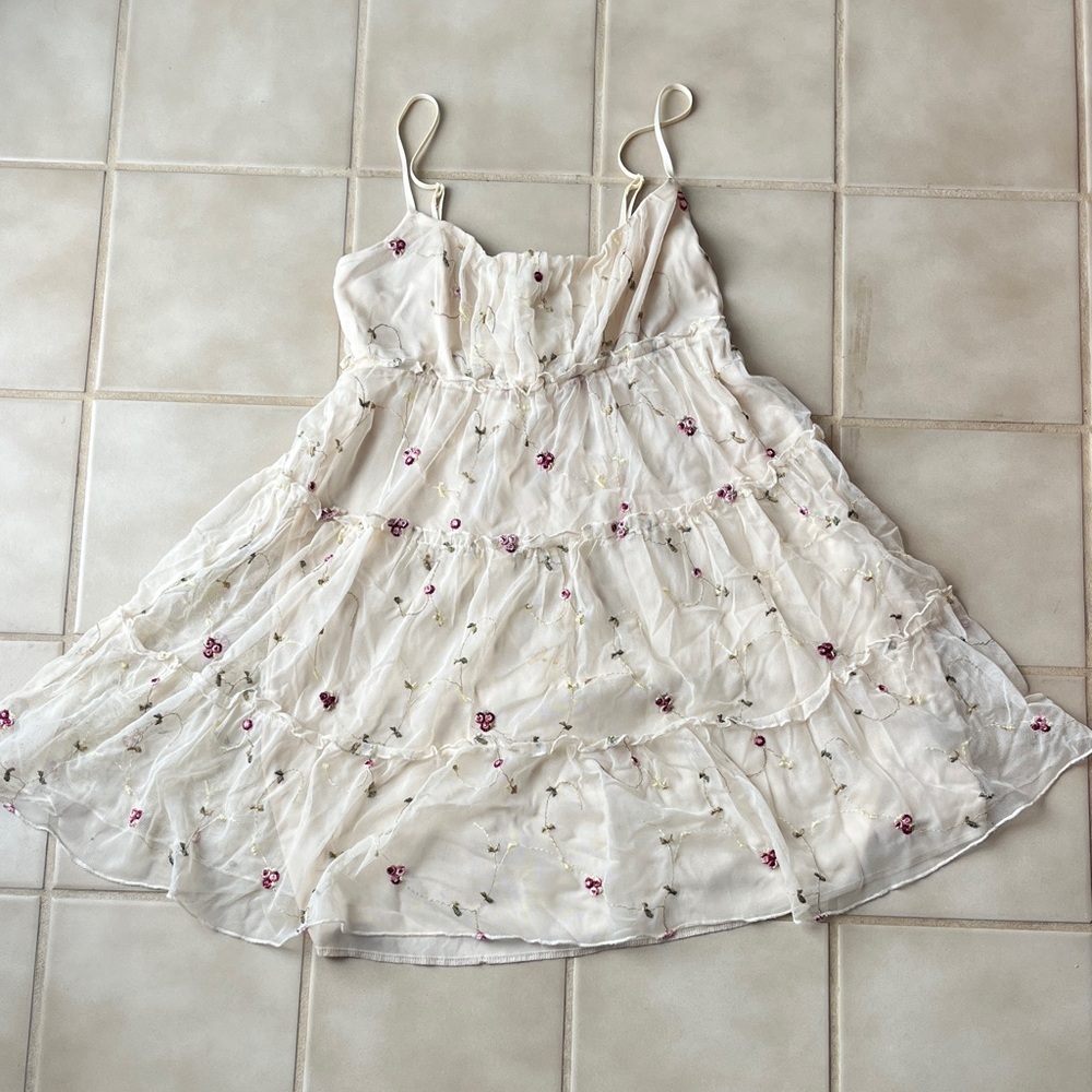 Floral Embroidered Spaghetti Strap Flowy Whimsical Cottage Core Boho Dress
